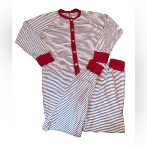 Burt's Bees Red & White Adult Striped Footed Pajamas With Button Front - Picture 1 of 3